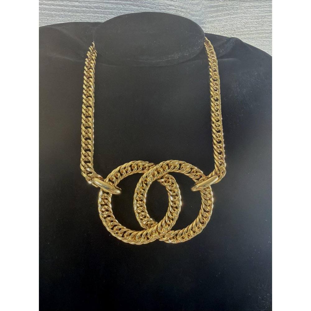 Vintage MONET Statement Chain Double Circle Necklace Gold Tone Big Bold